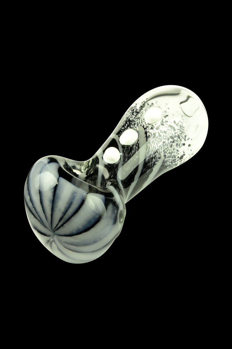 Glassheads Black Frit Spoon Pipe with Daisy Flower and White Marbles - A Smoking Delight