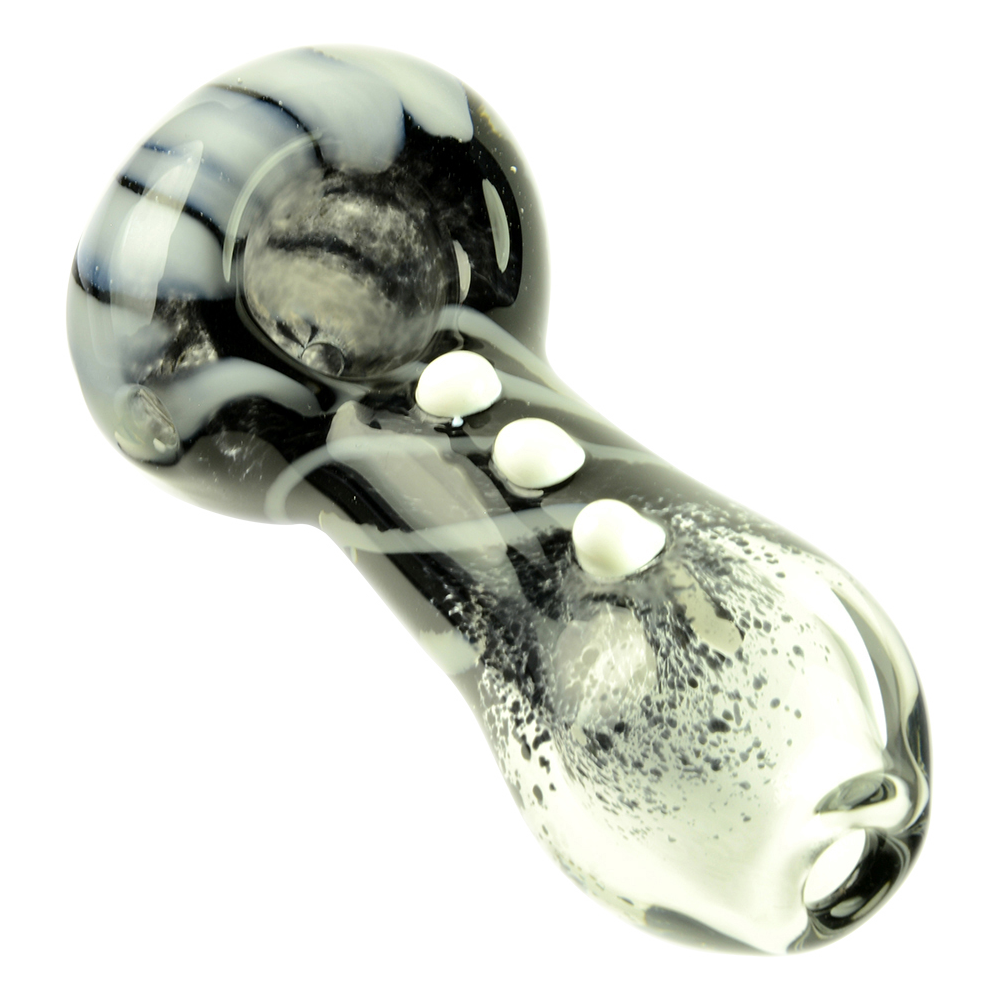 Glassheads Black Frit Spoon Pipe with Daisy Flower and White Marbles - A Smoking Delight