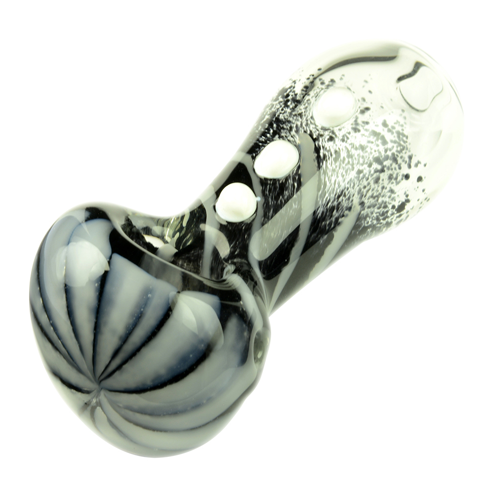 Glassheads Black Frit Spoon Pipe with Daisy Flower and White Marbles - A Smoking Delight